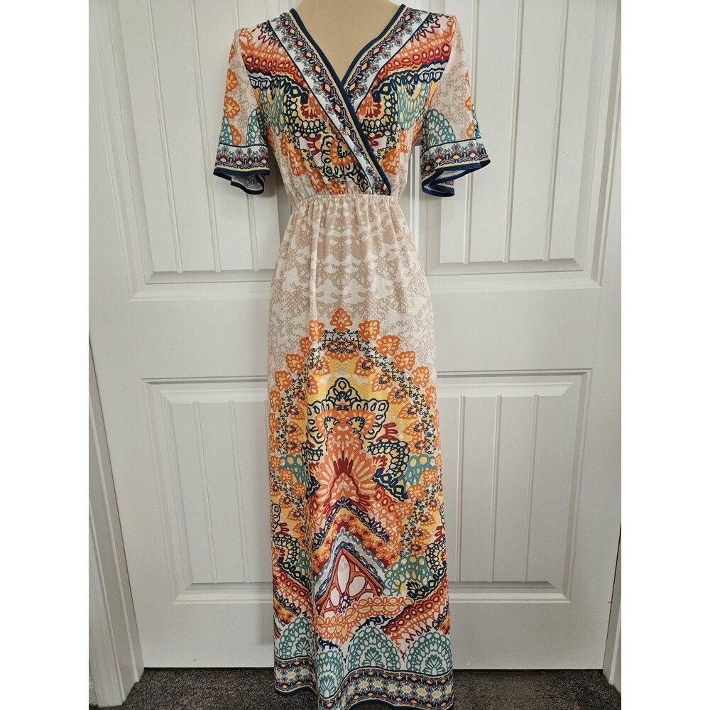 Flying Tomato Floral Beige Orange Turquoise Bohemian Maxi Surplice Dress Sz S
